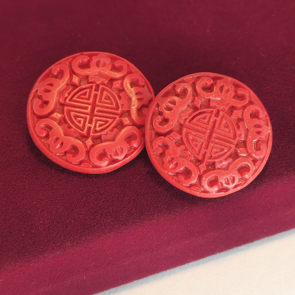 Red Cinnabar Style Shou Symbol Clip On Earrings Chinoiserie Statement